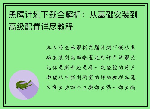 黑鹰计划下载全解析：从基础安装到高级配置详尽教程
